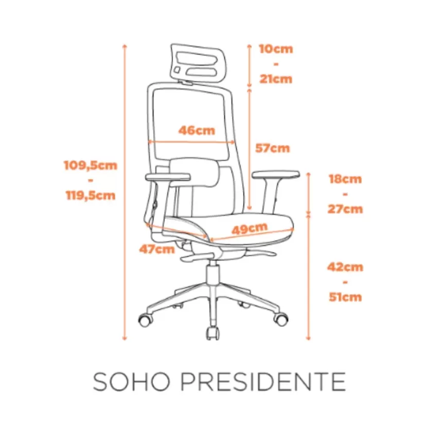 Cadeira Presidente Soho Ergonômica NR17 com Slide, Apoio de Cabeça e Braços Reguláveis – Fratini