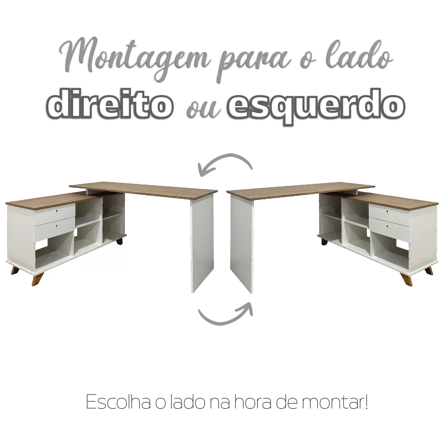 Escrivaninha em L Gold 1,45 x 1,28 m com 2 Gavetas e 5 Nichos – Olmo / Branco – Artany