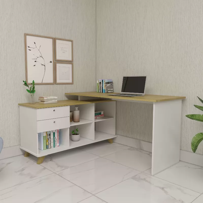 Escrivaninha em L Gold 1,45 x 1,28 m com 2 Gavetas e 5 Nichos – Olmo / Branco – Artany