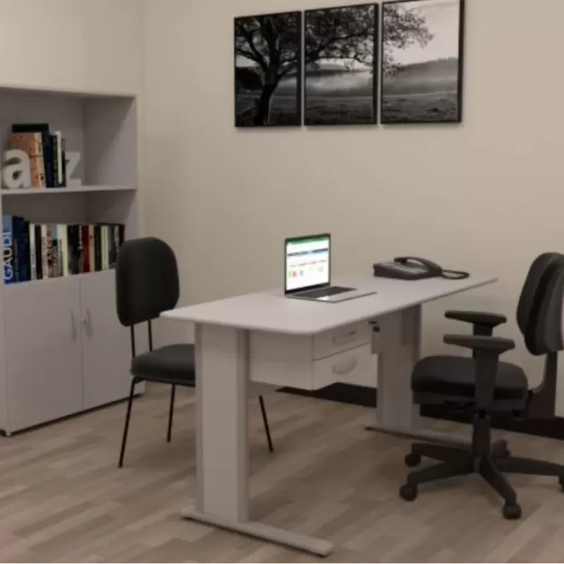 Mesa Reta Uno 1,20 x 0,60 x 0,74 m com Gaveteiro Fixo 2 Gavetas e Chave – Cristal – 15 mm – Marzo