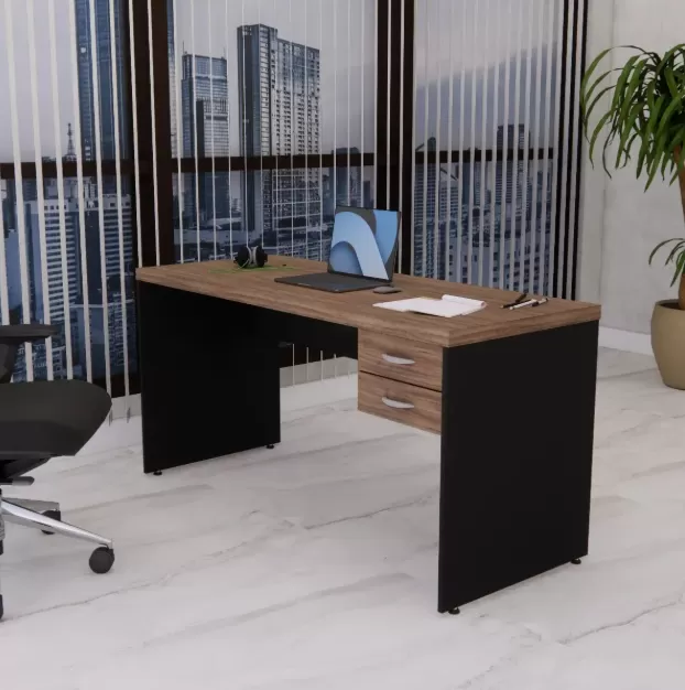 Mesa Reta Express 1,50 x 0,60 x 0,74 m com 2 Gavetas e Chave – Nogal / Preto – 40 mm – Gebb Work