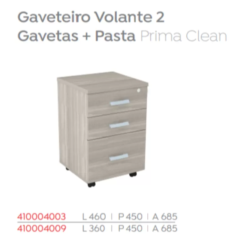 Gaveteiro Volante Misto Prima Clean 2 Gavetas + 1 Gavetão para Pasta Suspensa 0,46 x 0,45 x 0,69 m – 25 mm – Marzo