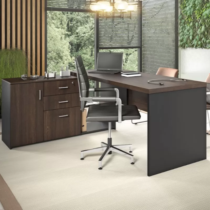 Mesa Em L Pérola 1,80 X 1,50 X 0,75 M Com Armário E Gaveteiro Embutidos – 40 Mm – Minas Office