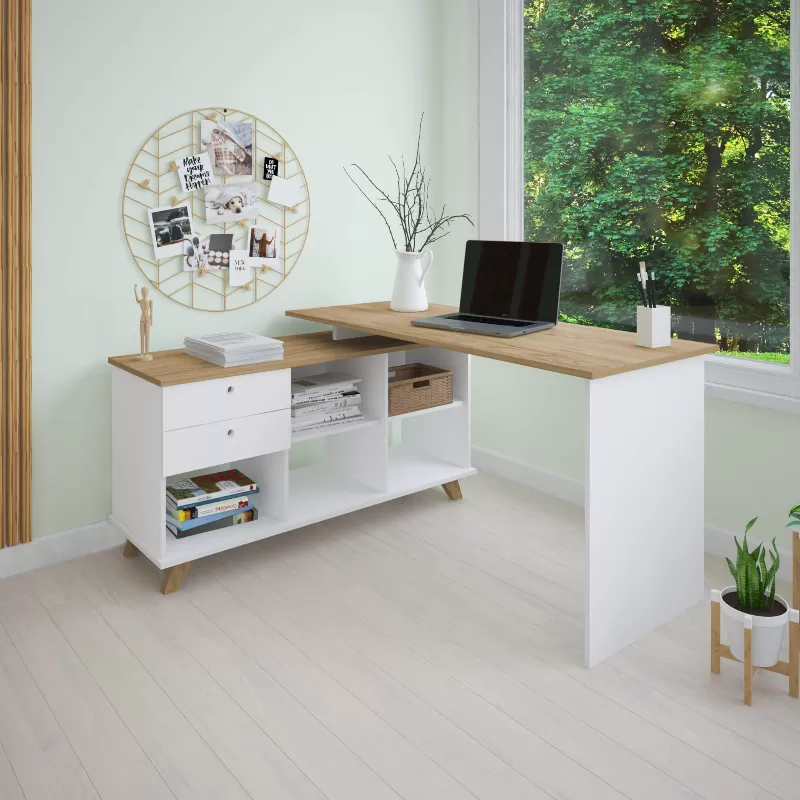Escrivaninha Em L Gold 1,45 X 1,28 M Com 2 Gavetas E 5 Nichos – Olmo / Branco – Artany
