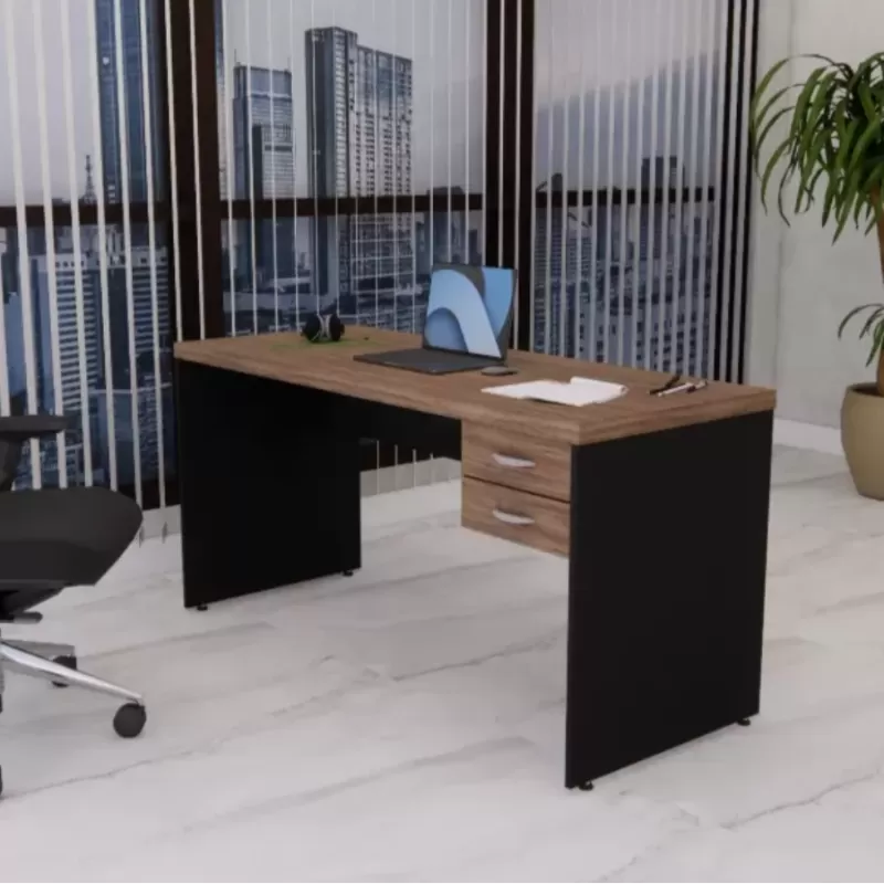 Mesa Reta Express 1,50 X 0,60 X 0,74 M Com 2 Gavetas E Chave – Nogal / Preto – 40 Mm – Gebb Work